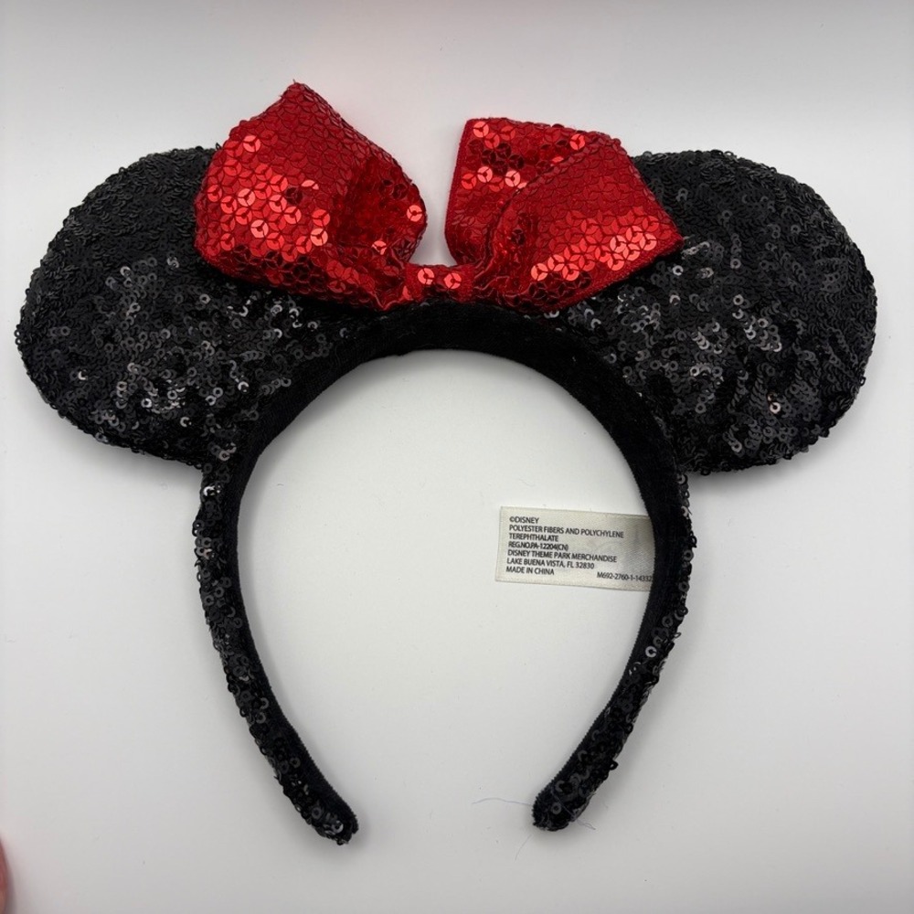 Disney Parks Minnie Mouse Sequin Ear Headband Black Red Bow Vacation Costume